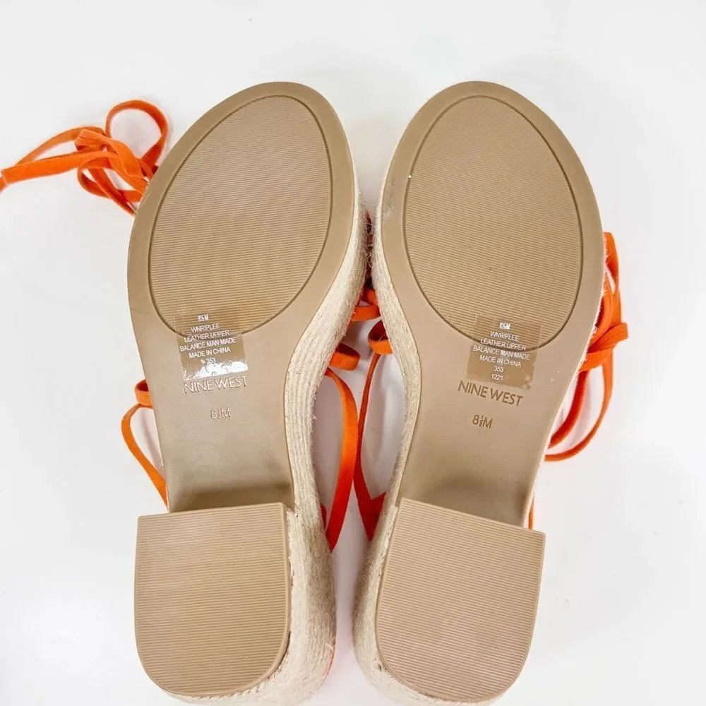 Nine West Riplee Platform Espadrille Ankle Wrap Strappy Sandals Orange 8.5